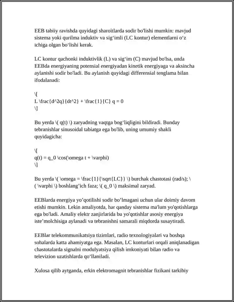 ERKIN ELEKTROMAGNIT TEBRANISHLAR MAVZUSIDA REFERAT 4