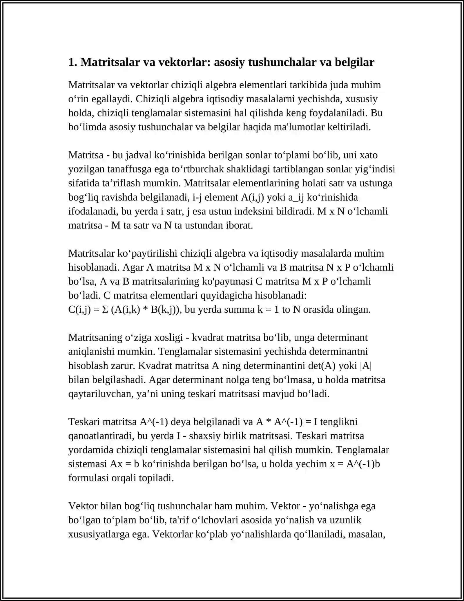 CHIZIQLI ALGEBRA ELEMENTLARI. CHIZIQLI TENGLAMALAR SISTEMASINING IQTISODIY TATBIQLARI. TESKARI MATRITSA USULI YODRAMIDA YECHILADIGAN IQTISODIY MASALALAR 4