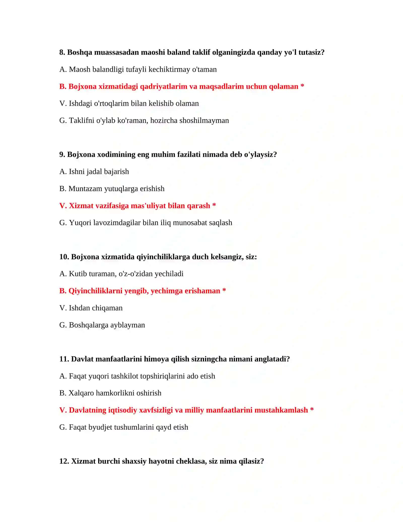 Bojxona ishga kirish tayyorgarlik testlari 4