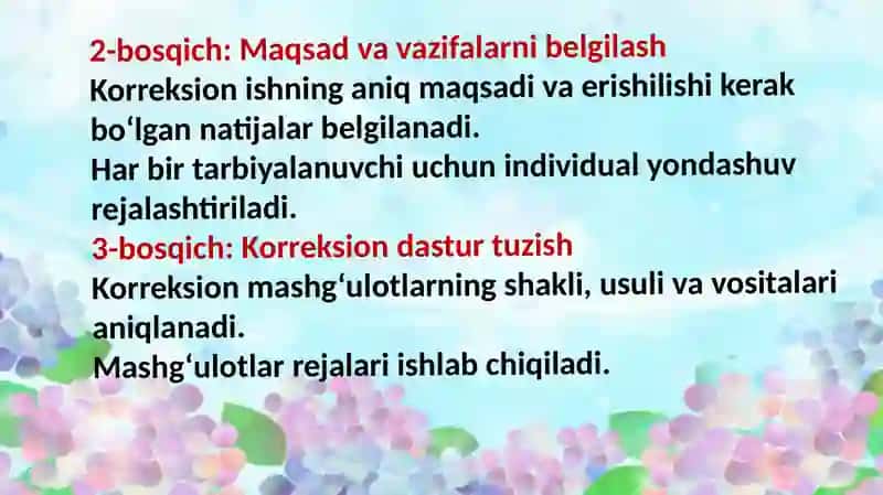 Korreksion faoliyatni tashkil etish bosqichlari, umumpedagogik va maxsus metodlari. 4