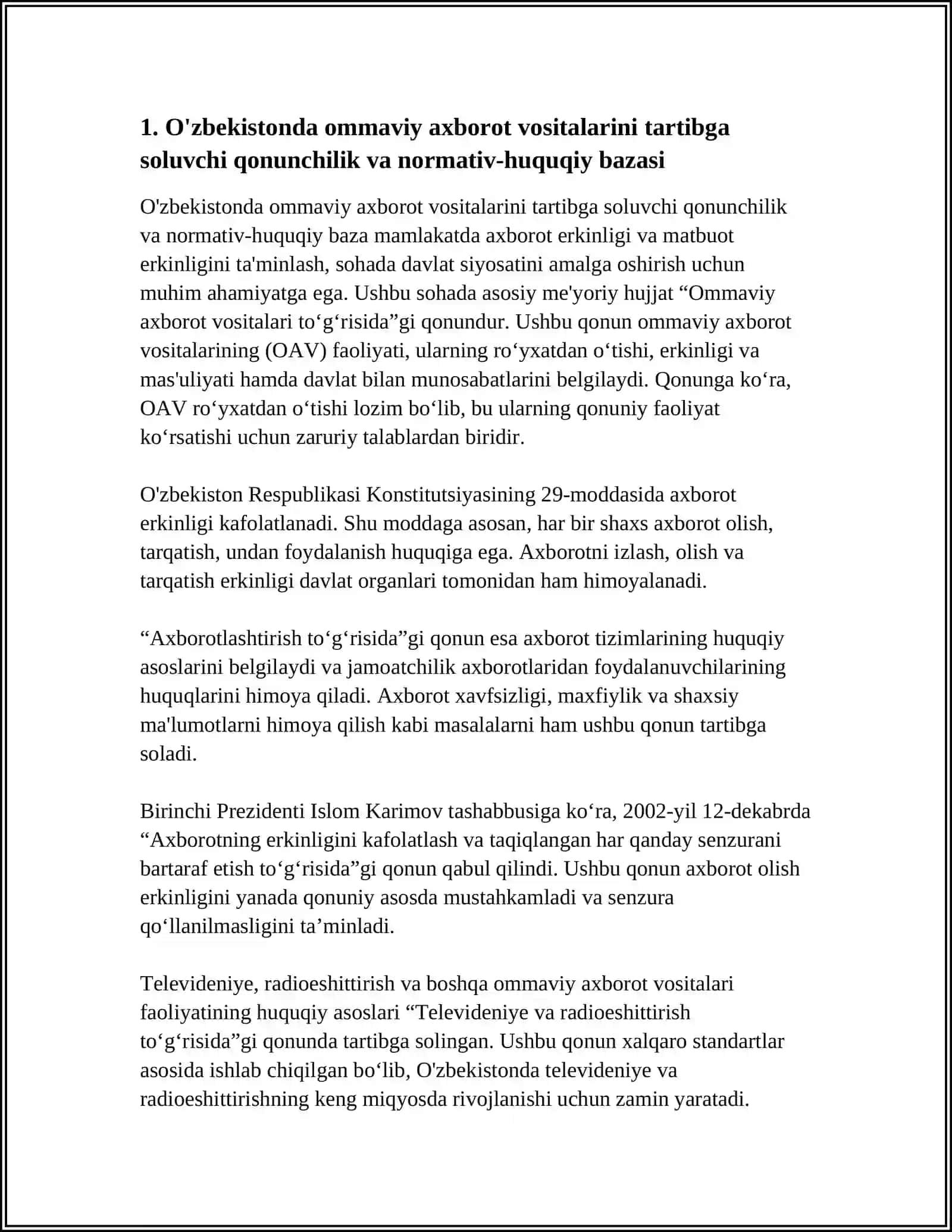 O'ZBEKISTON RESPUBLIKASIDA OMMAVIY AXBOROT VOSITALARINING FAOLIYATI 4