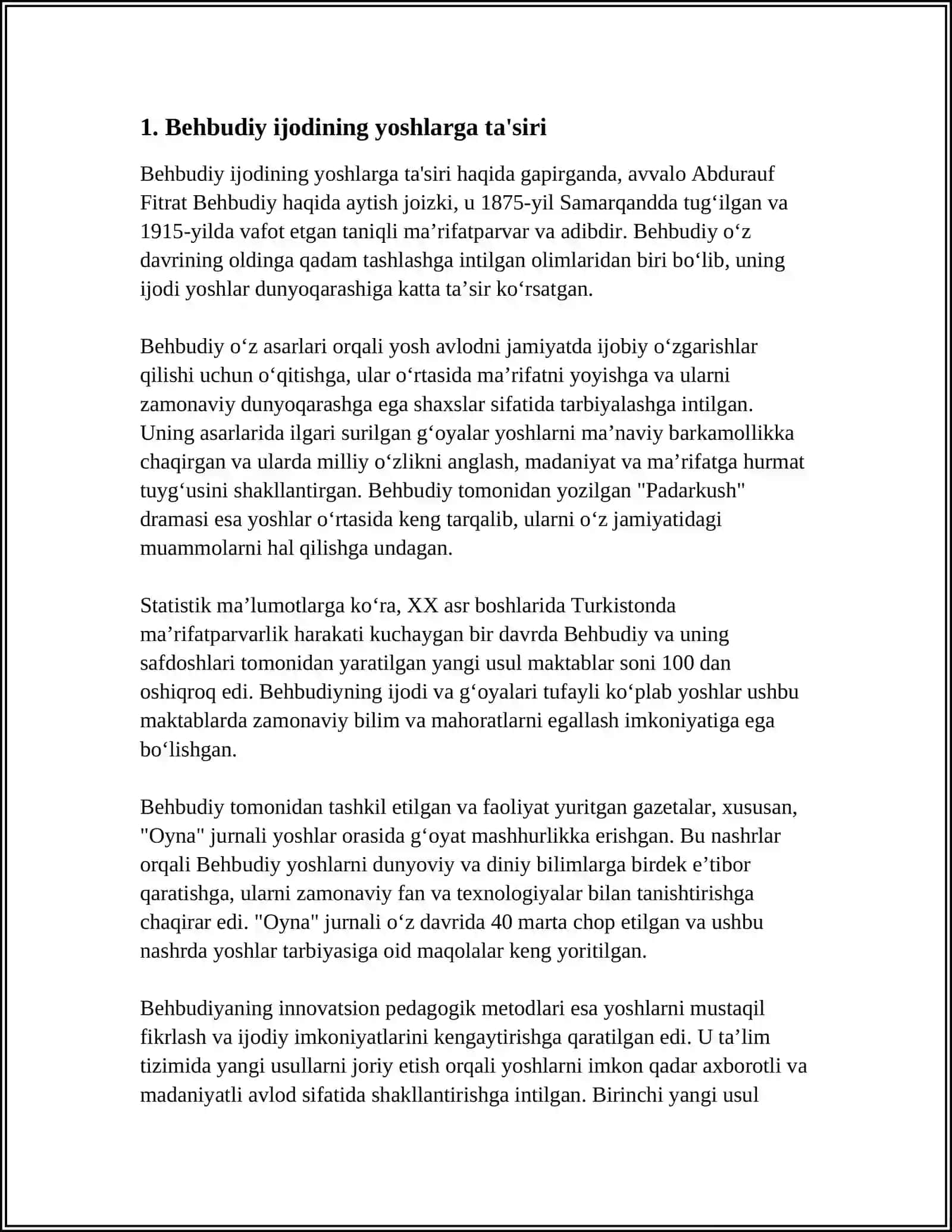 M.BEHBUDIYNING "YOSHLARGA MUROJAAT" VA "MUHTARAM YOSHLARGA MUROJAAT' MAQOLALARINI TAHLIL ETISH VA ESSE TAYYORLASH 4