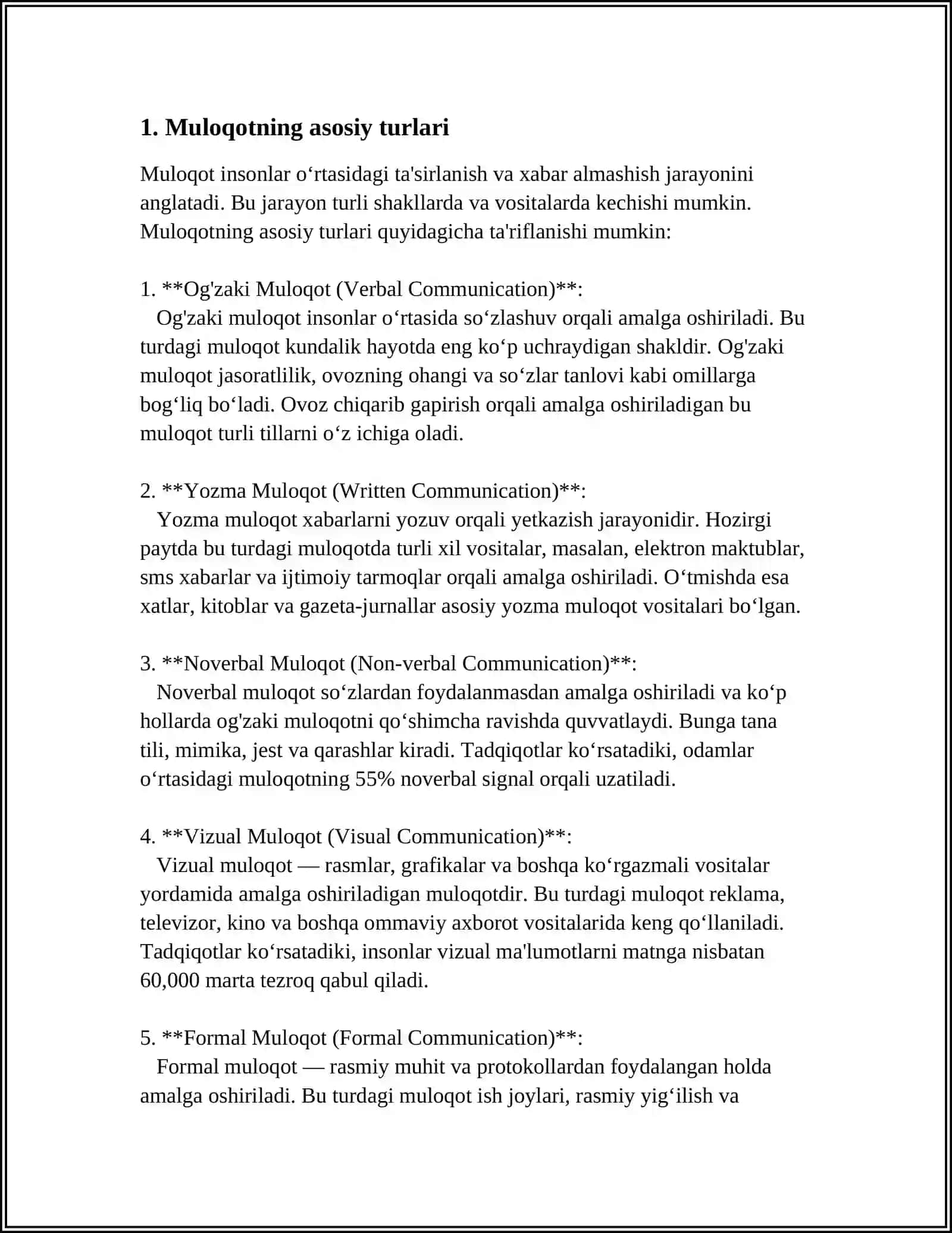 MULOQOT.SHAXSLAR ARO MUNOSABATLAR VA ULARDA MULOQOTNING O'RNI 4