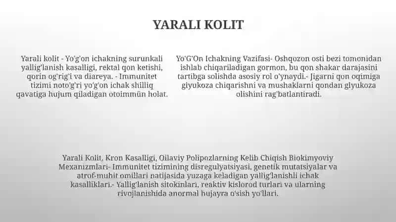 Yo’G’On Ichakning Vazifasi, Yarali Kolit, Kron Kasalligi, Oilaviy Polipozlarning Kelib Chiqish Biokimyoviy Mexanizmlari 4