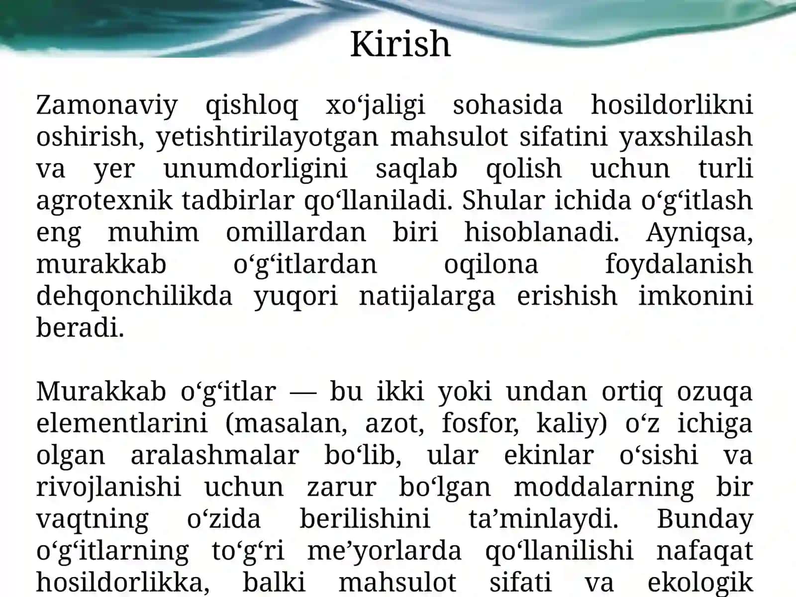 Murakkabo`g`itlarning me`yorlari va ukinlarining ekini tasirli sifatiga o`rgatish usullariga oid kurs ishchisi 4