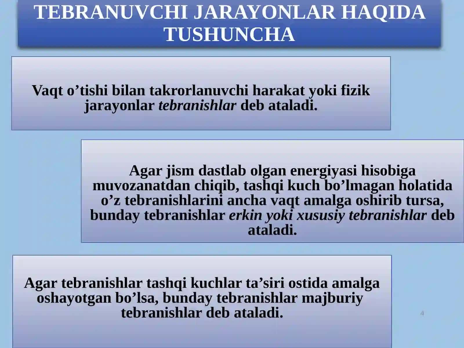 Tebranishlar.Matematik va fizik mayatnik. Mayatnikni geologiyada qo’llanilishi. Rezonans. To’lqinlar. Tovush to’lqini. Ultratovushlar. Tolqinlarni geologiyada qo’llanish sohalari 4