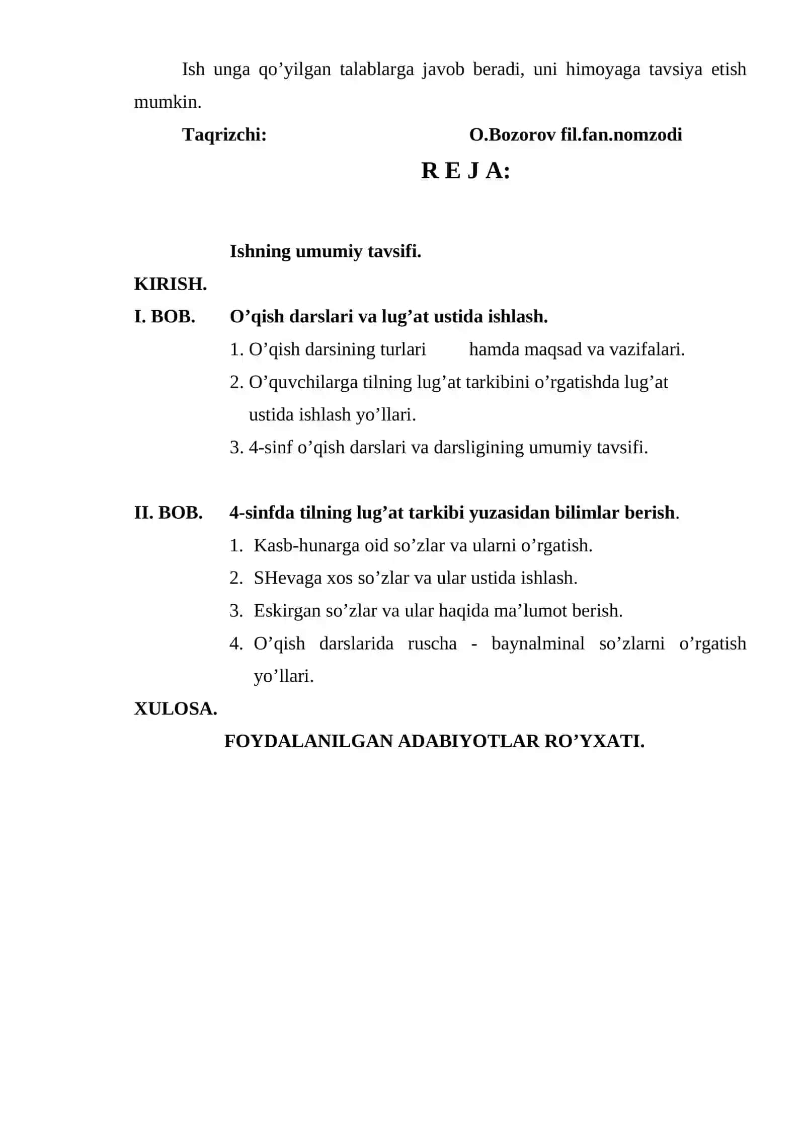 "4-sinf o’qish darslarida tilning lug’at tarkibini o’rgatish" bitiruv malakaviy ishi 4