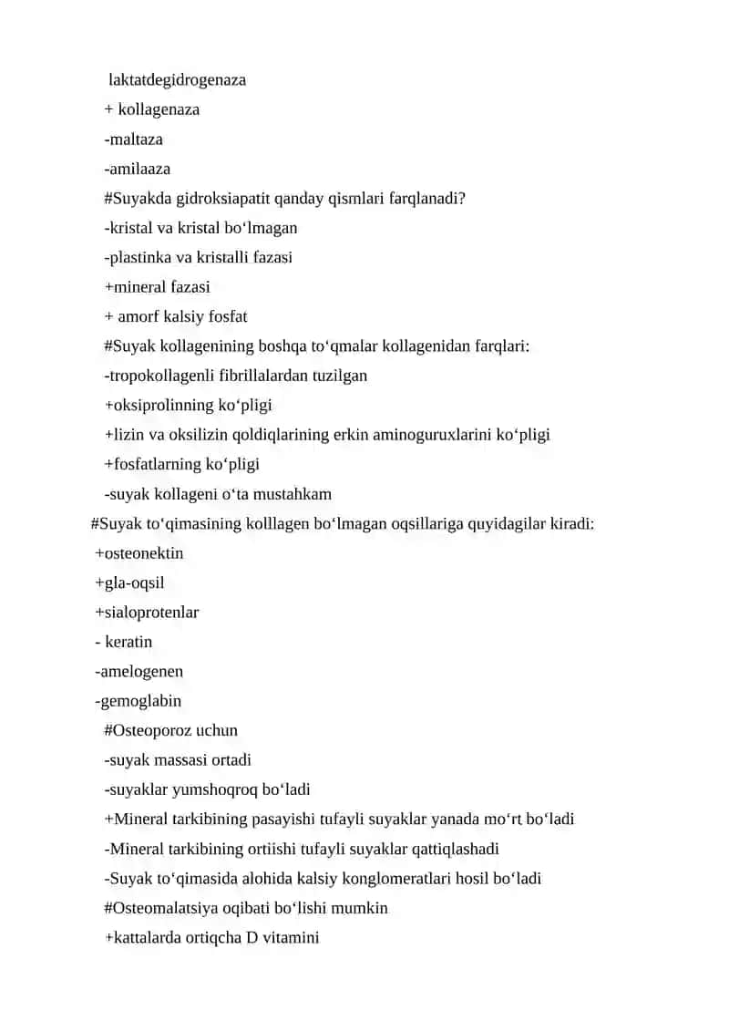 Suyak to‘qimasi rezorbsiyasi. Rezorbsiya va osteogenezning biokimyoviy mexanizmlari. test 4