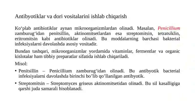 Mikroorganizmlarning sog’liqni saqlash va qishloq  xo’jaligidagi va boshqa sohalardagi ahamiyati 4
