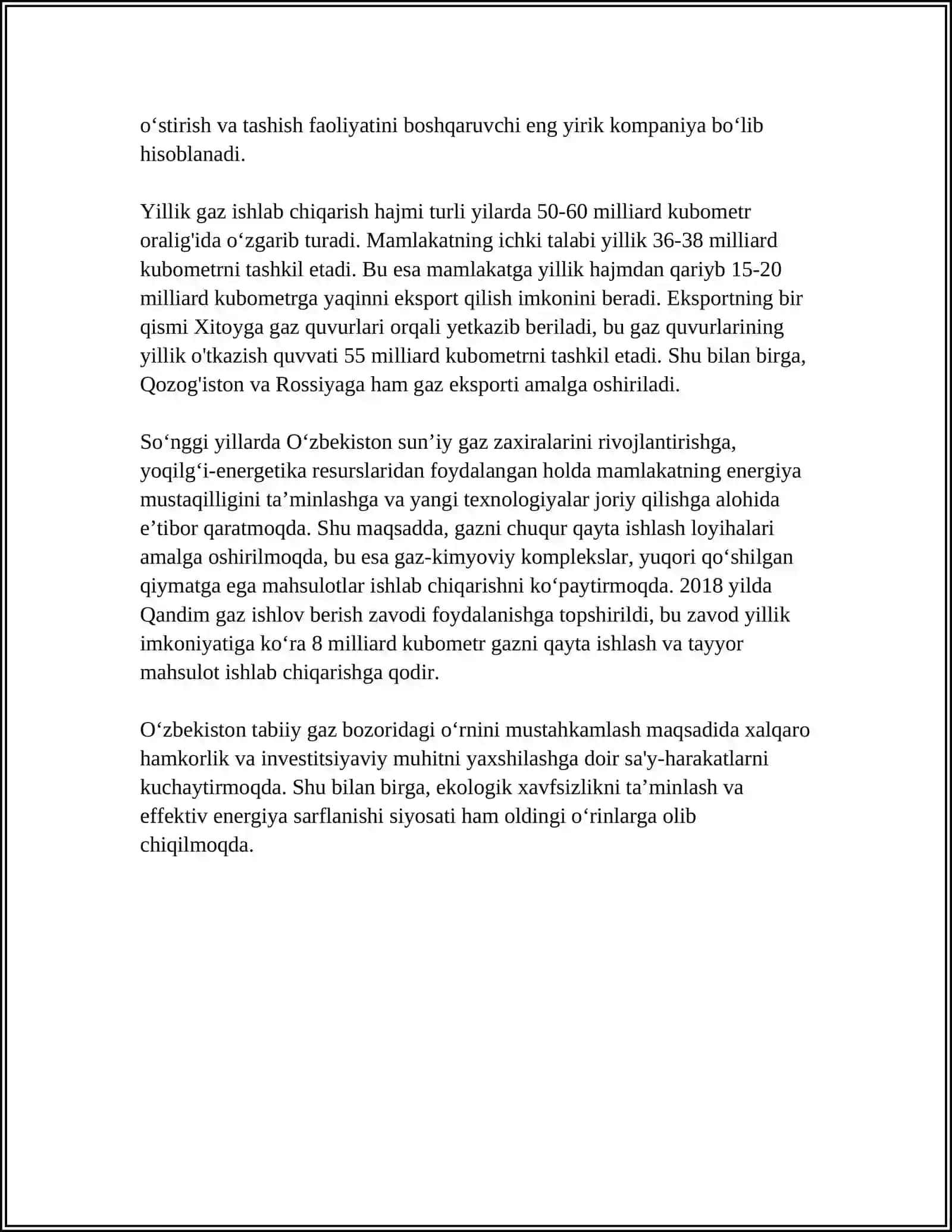 MUSTAQIL ISH Mavzu: O'ZBEKISTONDAGI GAZ ZAXIRASI 4