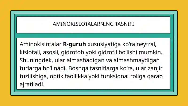 Aminokislotalarning xossalari,almashmaydigan aminokislotalarning ahamiyati, o'g'it sifatida foydalanadigan aminokislatalar 4