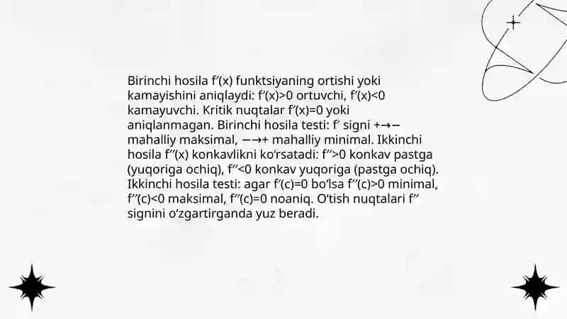 Yuqori tartibli hosilalar yordamida funksiyalarni tòla tekshirish va grafikalarni chizish 4