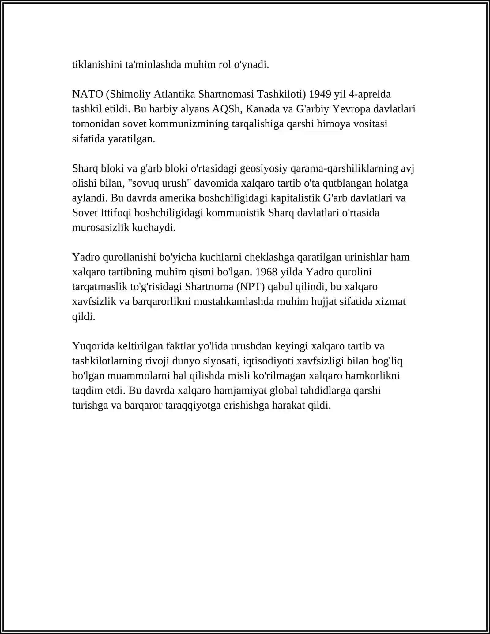 IKKINCHI JAHON URUSHI- DAN KEYIN BMT NING TASHKIL TOPISHI. SOBIQ SOVET ITTIFOQIGA QARSHI SHIMOLIY ATLANTIKA ITTIFOQI (NATO) NING VUJUDGA KELISHI 4