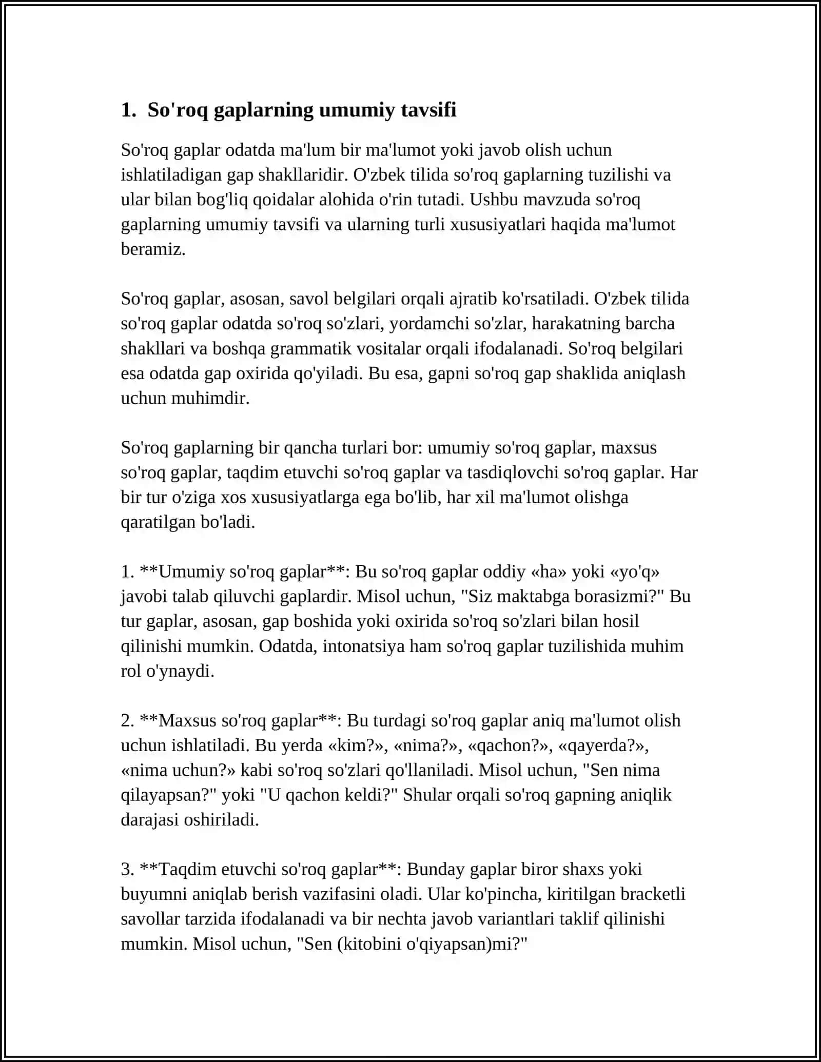 HOZIRGI O'ZBEK ADABIY TILIDAN "SO'ROQ GAPLARNING SEMANTIKASI VA SINTAKSISI ''MAVZUSI 4
