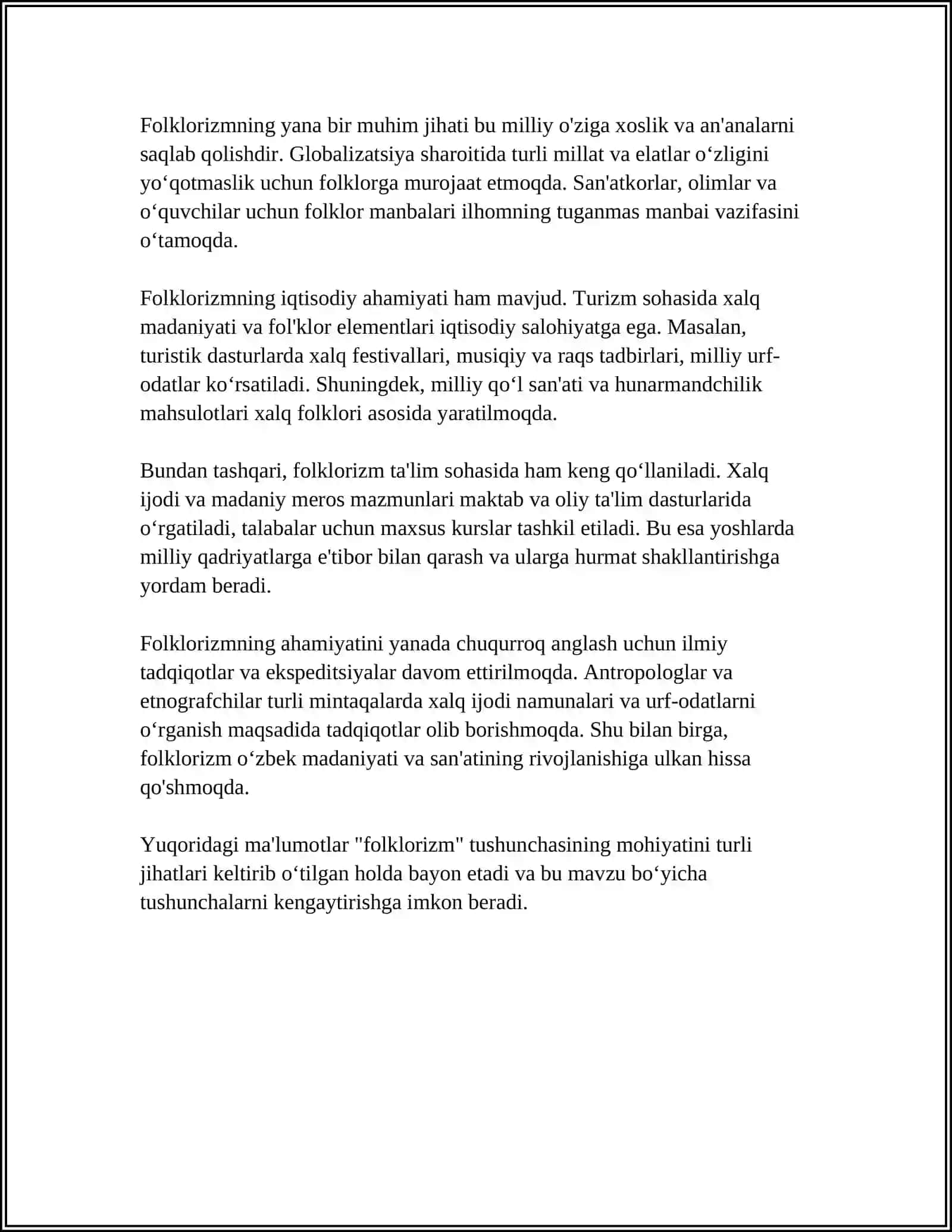 FOLKLOR VA XALQ OG'ZAKI IJODI MUNOSABATLAR.FOLKLORIZM TUSHINCHASI 4