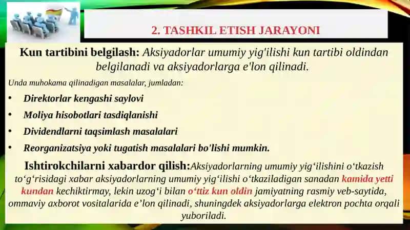 Aksiyadorlar umumiy g‘ilishini tashkilotish, o‘tkazish va rasmiylashtirish 4