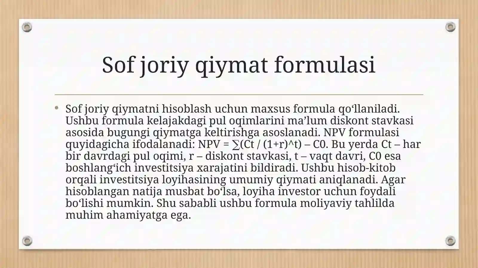 Sofjoriy qiymat usullari bo'yicha investitsion qarorlarni qabul qilish 4