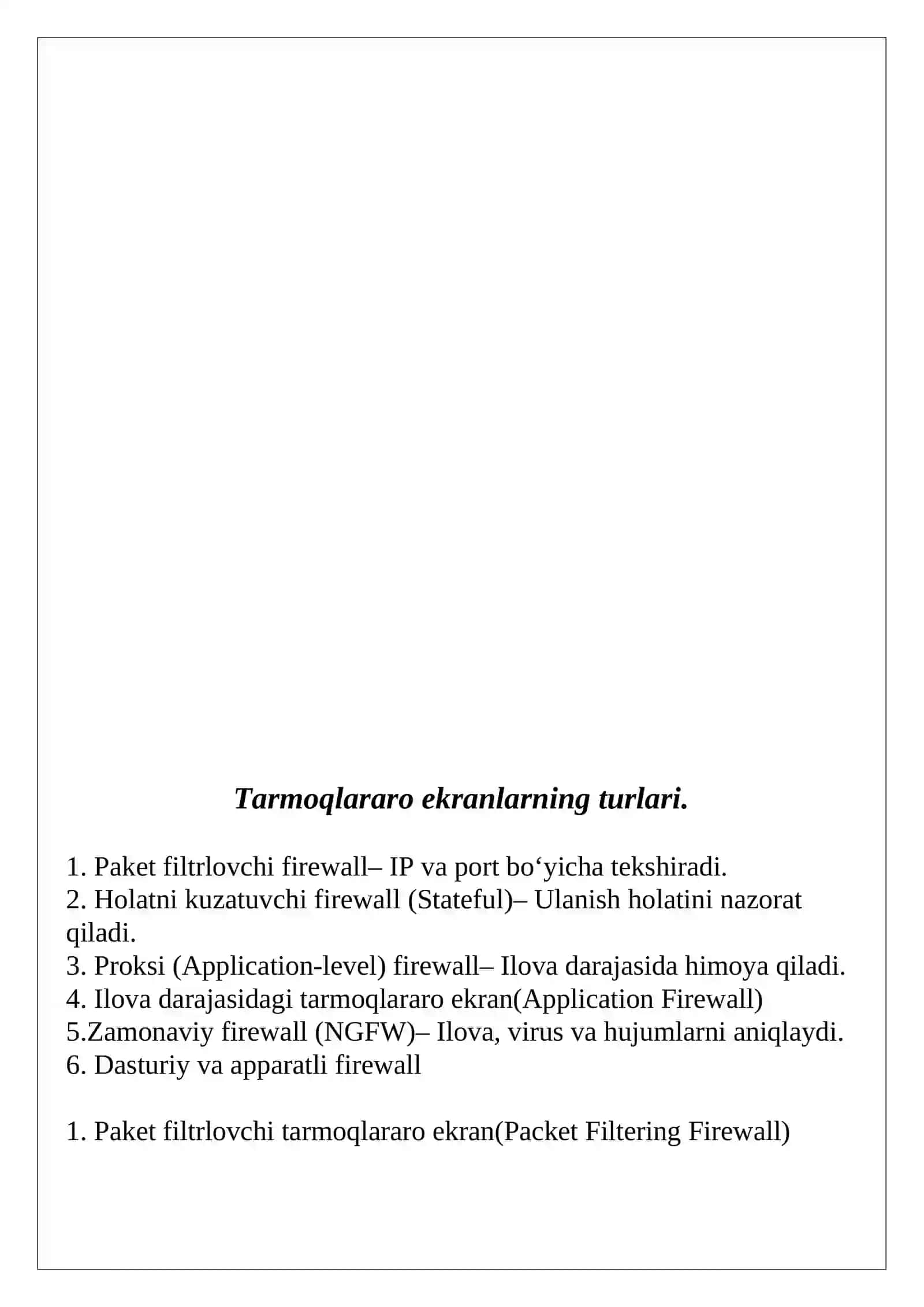Tarmoqlararo ekranlarning turlari va funksiyalari hamda zamonaviy firewall’larning imkoniyatlari 4