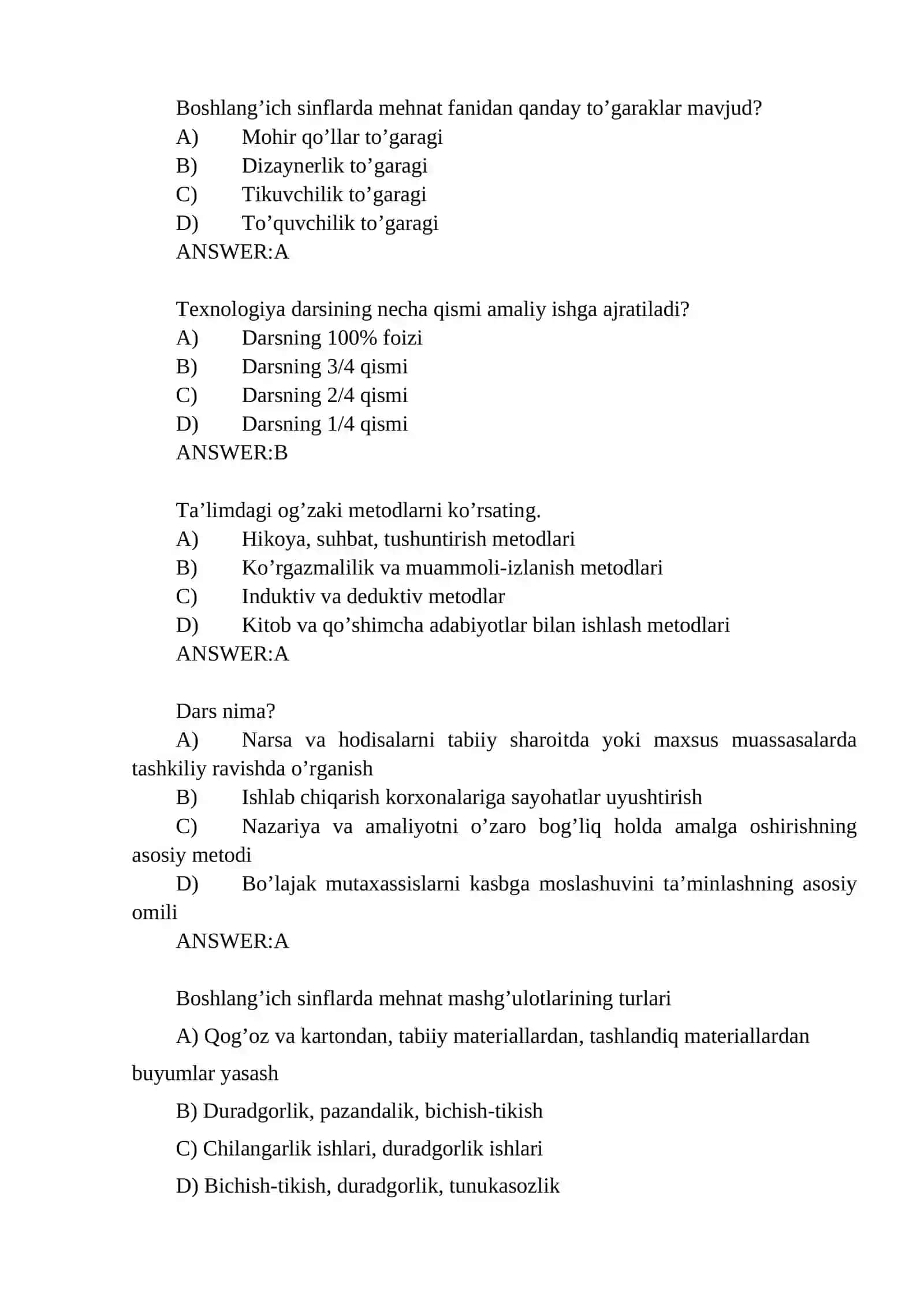 Texnologiya va uni o’qitish metodikasi fanidan YADAK test savollari 4