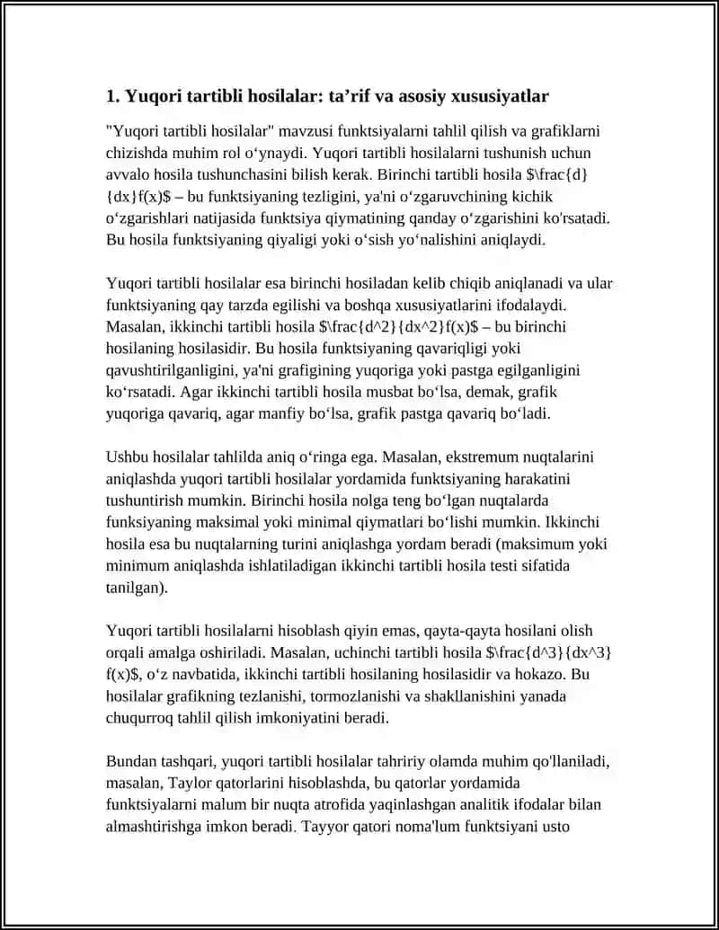 YUQORI TARTIBLI HOSILALAR YORDAMIDA FUNKSIYALARNI TOʻLA TEKSHIRISH S GRAFIKLARNI CHIZISH 4