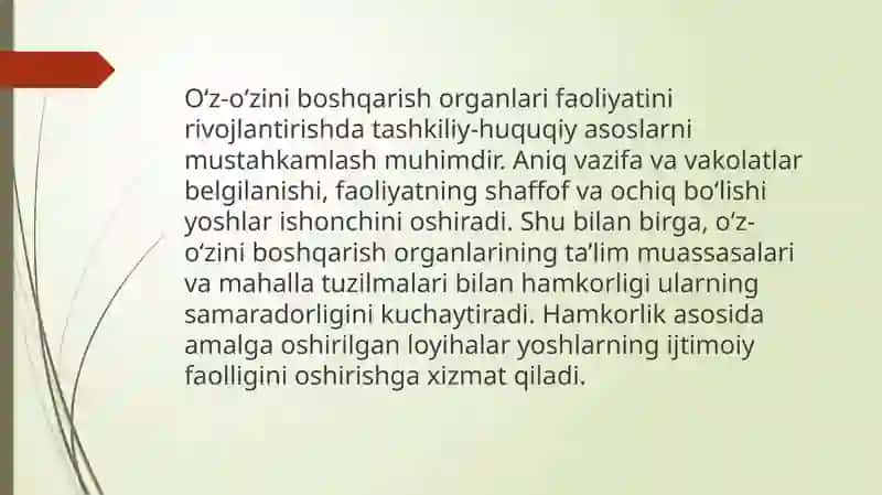 Yoshlarning o'z-o'zini boshqarish organlari faoliyatini rivojlantirish 4