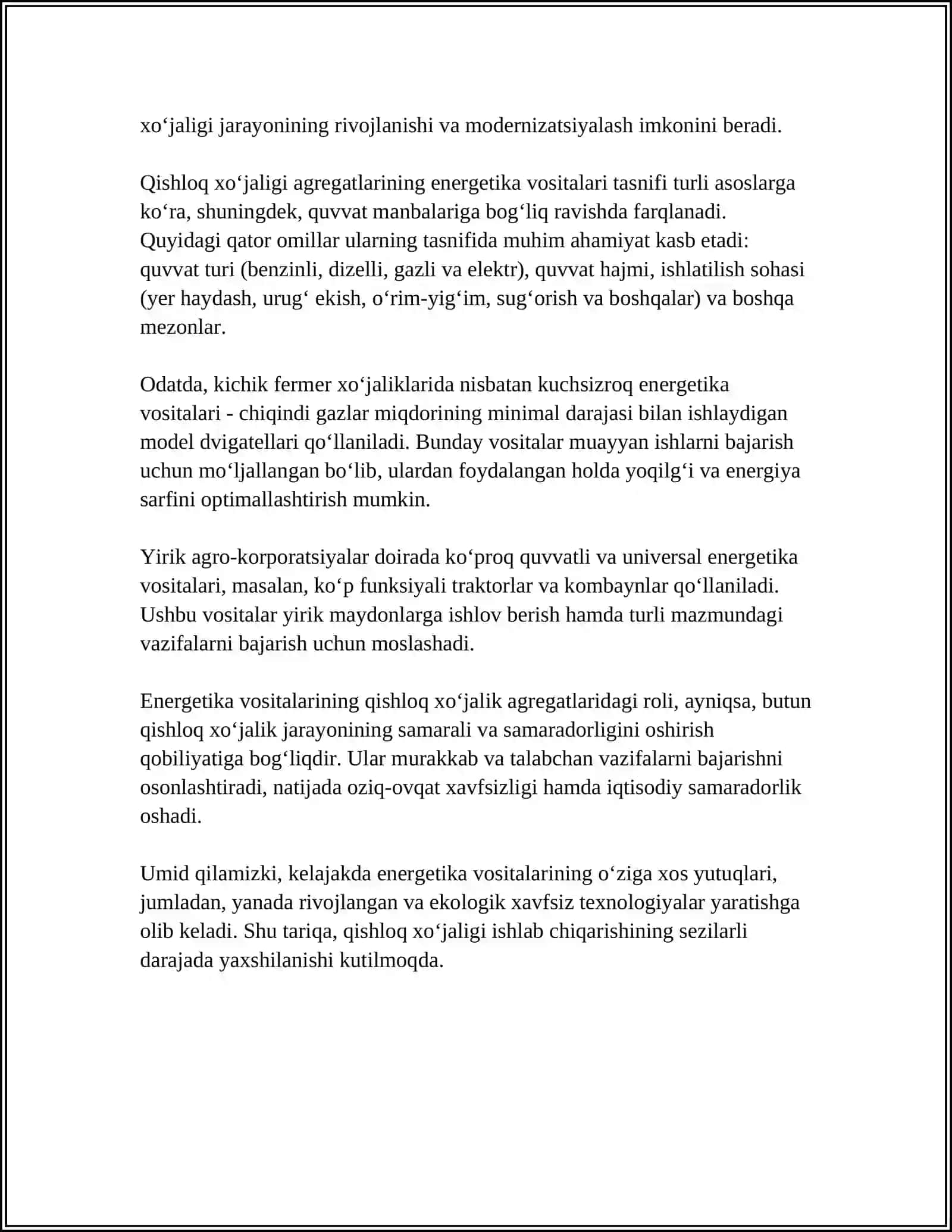 QISHLOQ XOJALIGI AGREGATLARINING ENERGETIKA VOSITALARI VA TASNIFI 4