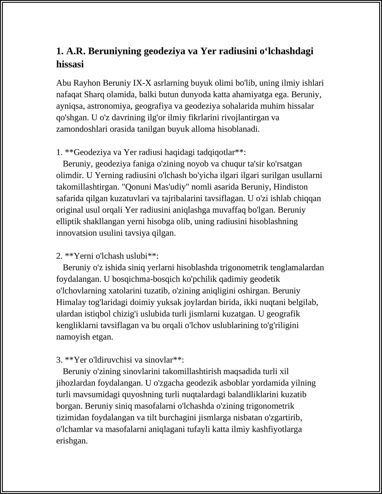 O’ZBEKISTON MUTAFAKKIRLARI A.R.BERUNIY, IBN SINO, ABU NASR FAROBIY,M.ULUGʻBEK, AL XORAZMIY VA BOSHQALARNING ILMIY KASHFIYOTLARI VA JAHON SIVILIZATSIYASIGA QOʻSHGAN HISSALARI 4