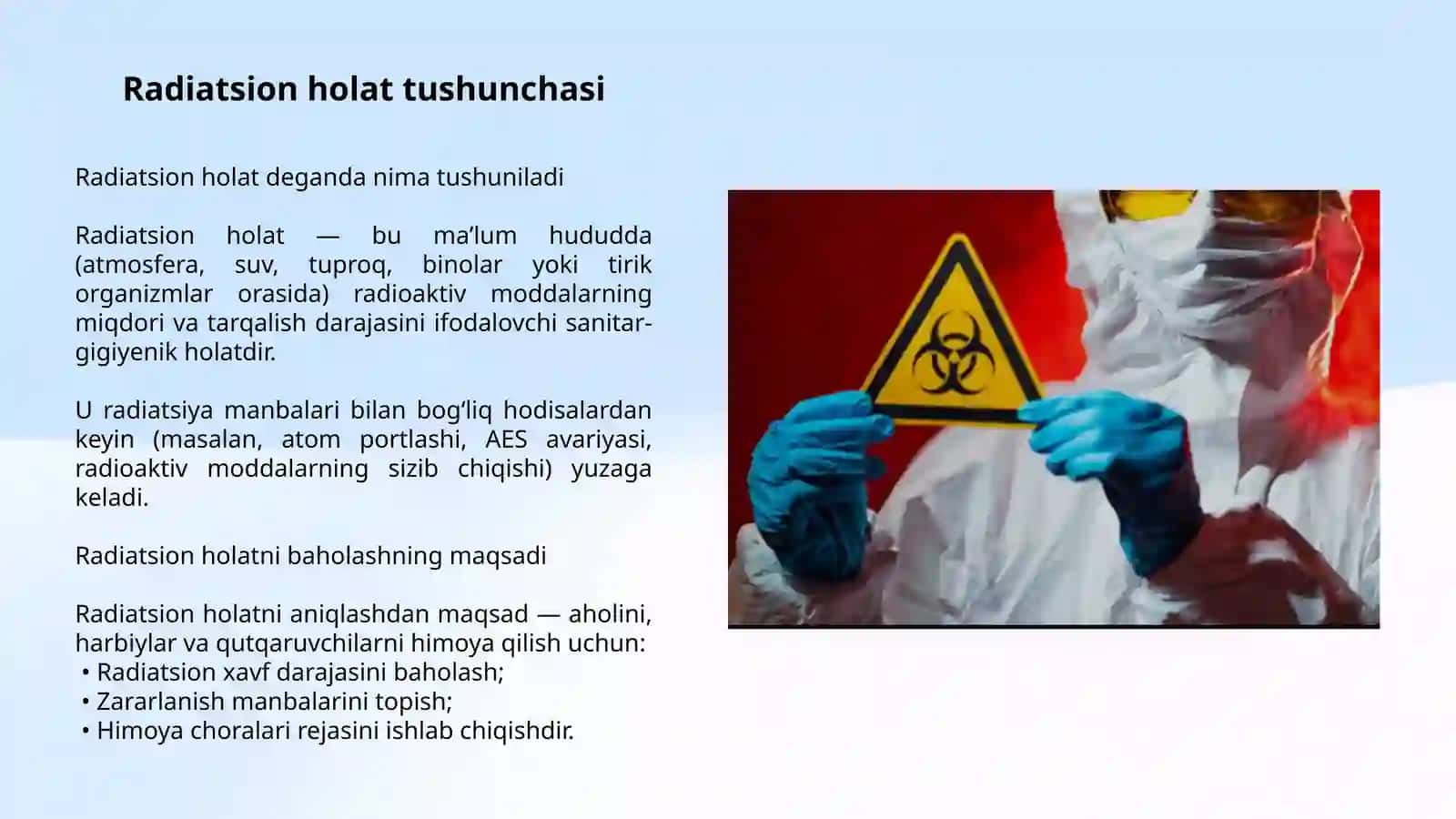 FAVQULODDAVAZIYATNIBAHOLASH. RADIATSIONHOLAT. RADIOAKTIVZARARLANISHMANBAALARI. RADIOAKTIVZARARLANISHZONALARITAVSIFI 4