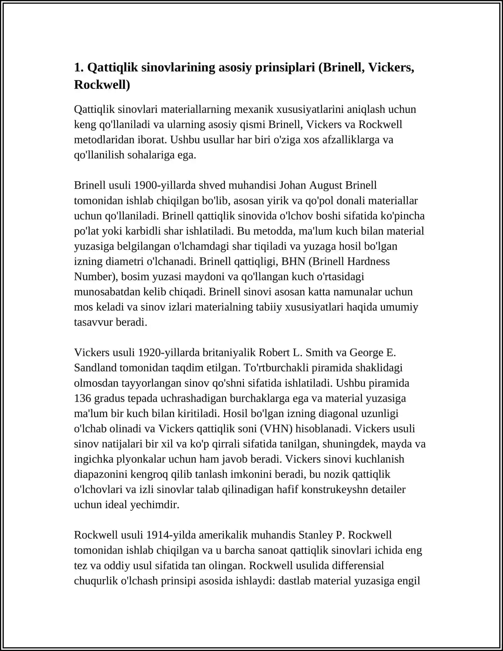 QATTIQLIKNI ANIQLASH USULLARI: BRINELL, VIKKERS VA ROKVELL METODLARINING TAQQOSLAMASI 4