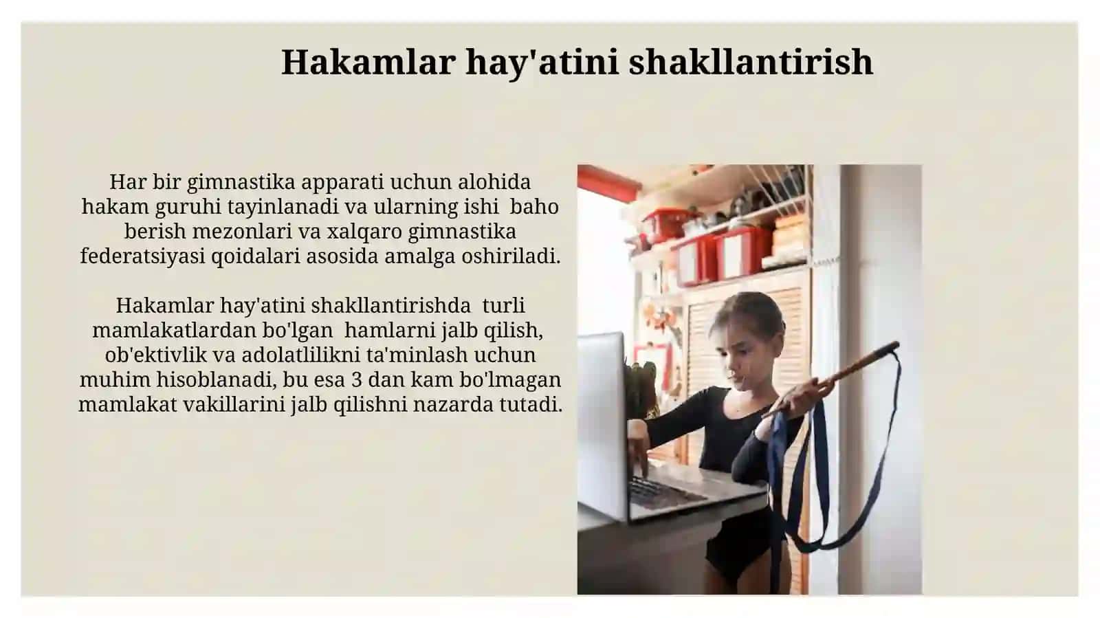 Gimnastika sport turi bo‘yicha musobaqalar o'tkazish va hakamlik qilish 4