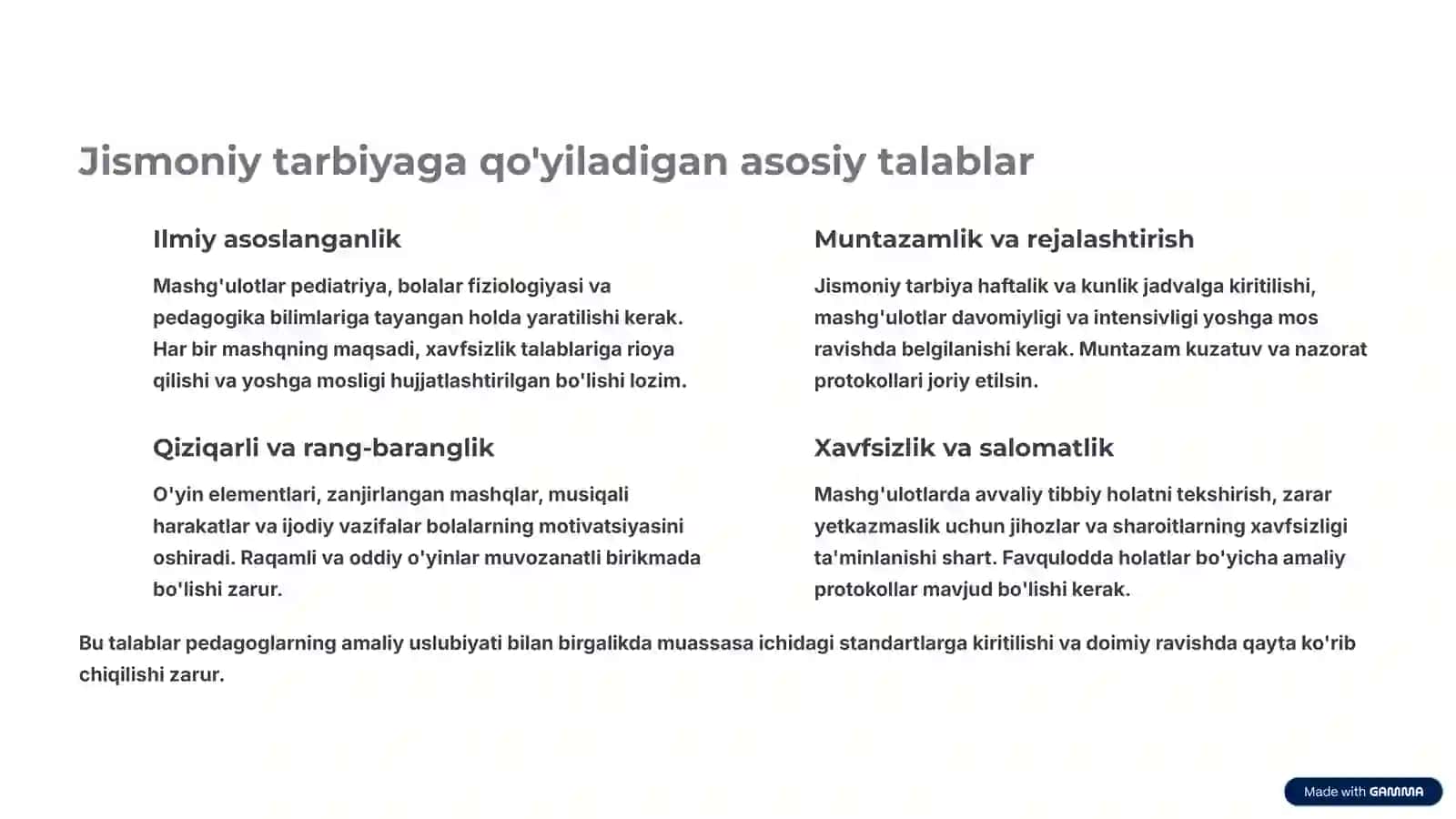 Jismoniy tarbiyani tashkil etish talablari 4