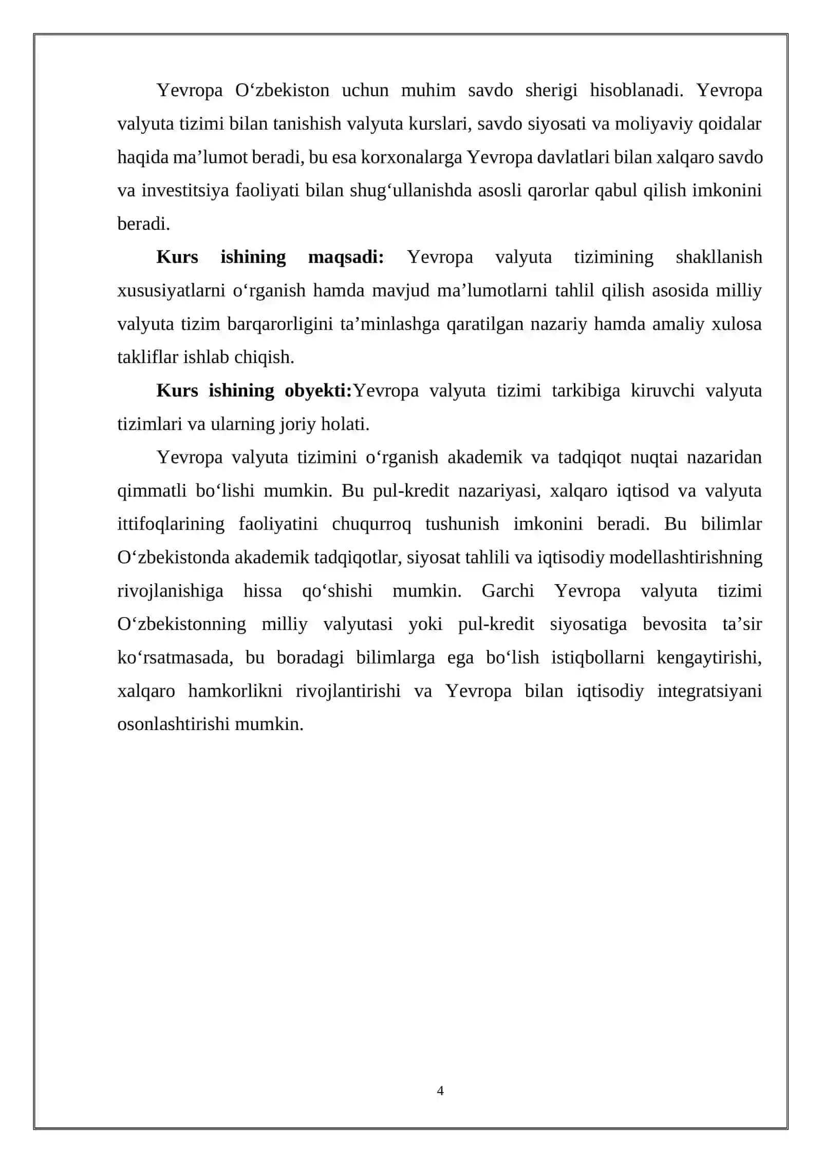 “YEVROPA VALYUTA TIZIMI RIVOJLANISH ISTIQBOLLARI” MAVZUSIDAGI KURS ISHI 4