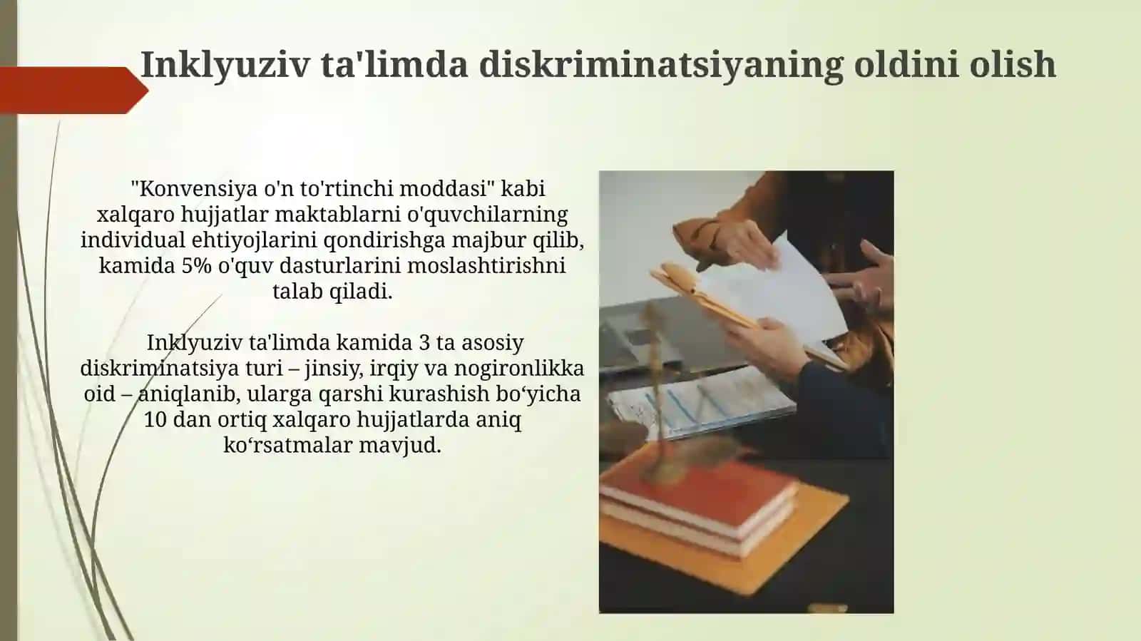 Inkulyuziv talim huquqiy asoslari xalqaro hujjatlarda taqdim qilish 4