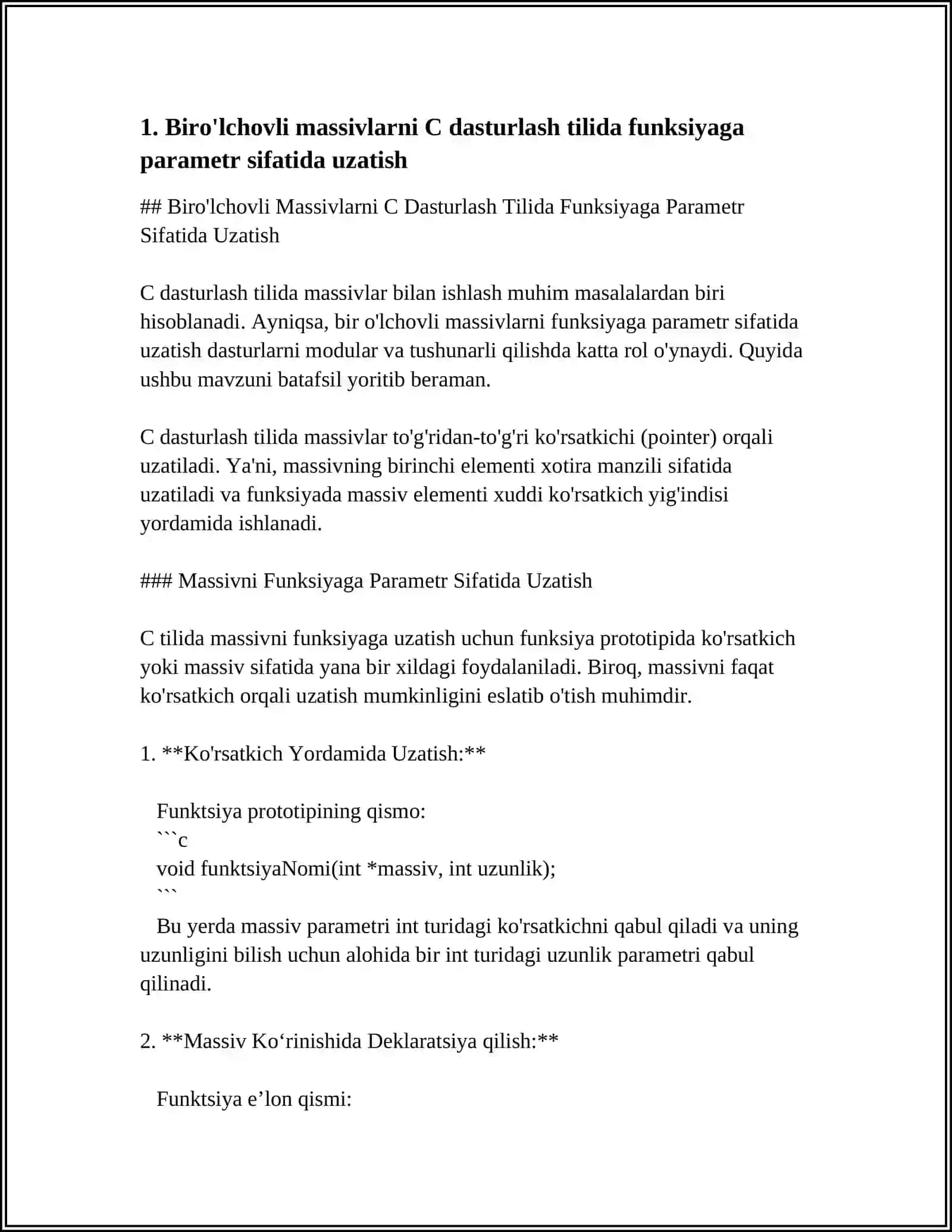 Biro'lchovli Massivlarni C Dasturlash Tilida Funksiyaga Parametr Sifatida Uzatish 4