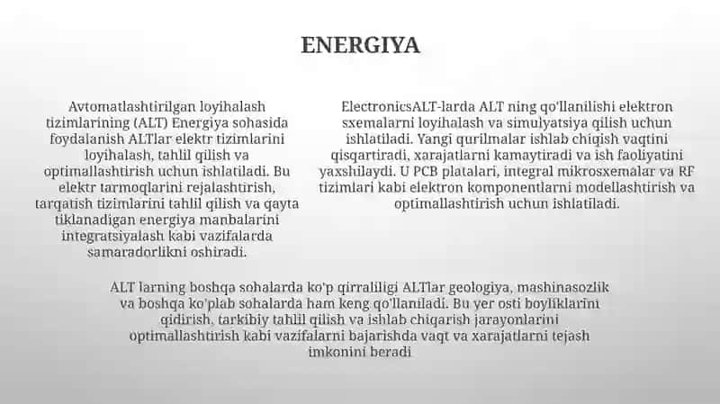 Avtomatlashtirilgan Loyihalash Tizimlarini Mexanika, Energetika, Elektronika, Geologiya, Mashinasozlik Va Boshqa Sohalarda QoʻLlash. 4