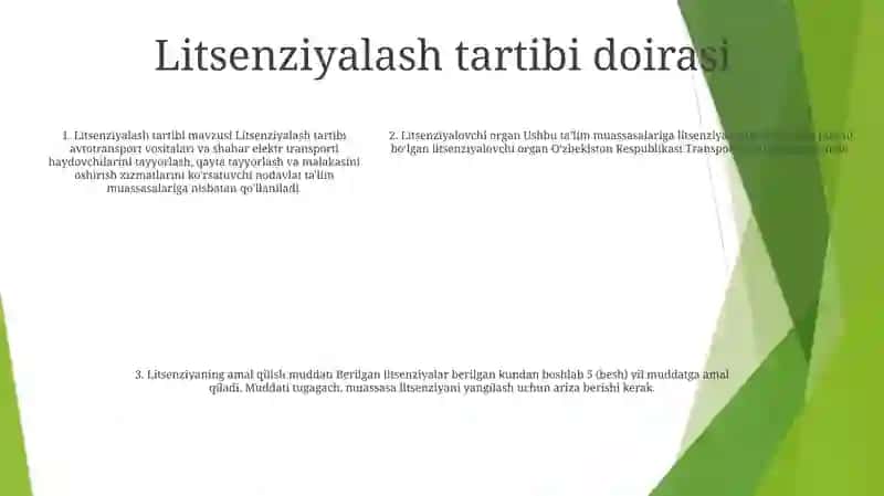 Avtomototransport Vositalari Va Shahar Elektr Transporti Vositalari Haydovchilarini Tayyorlash, Qayta Tayyorlash Va Ularning Malakasini Oshirish Bo‘Yicha Nodavlat Talim Xizmatlari Ko‘Rsatish Faoliyatini Litsenziyalash Tartibi 4