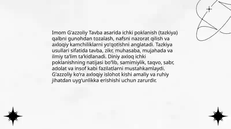Gʻazzoliyning Tavba asari asosida “Din va axloq” mavzusida esse tayyorlash 4