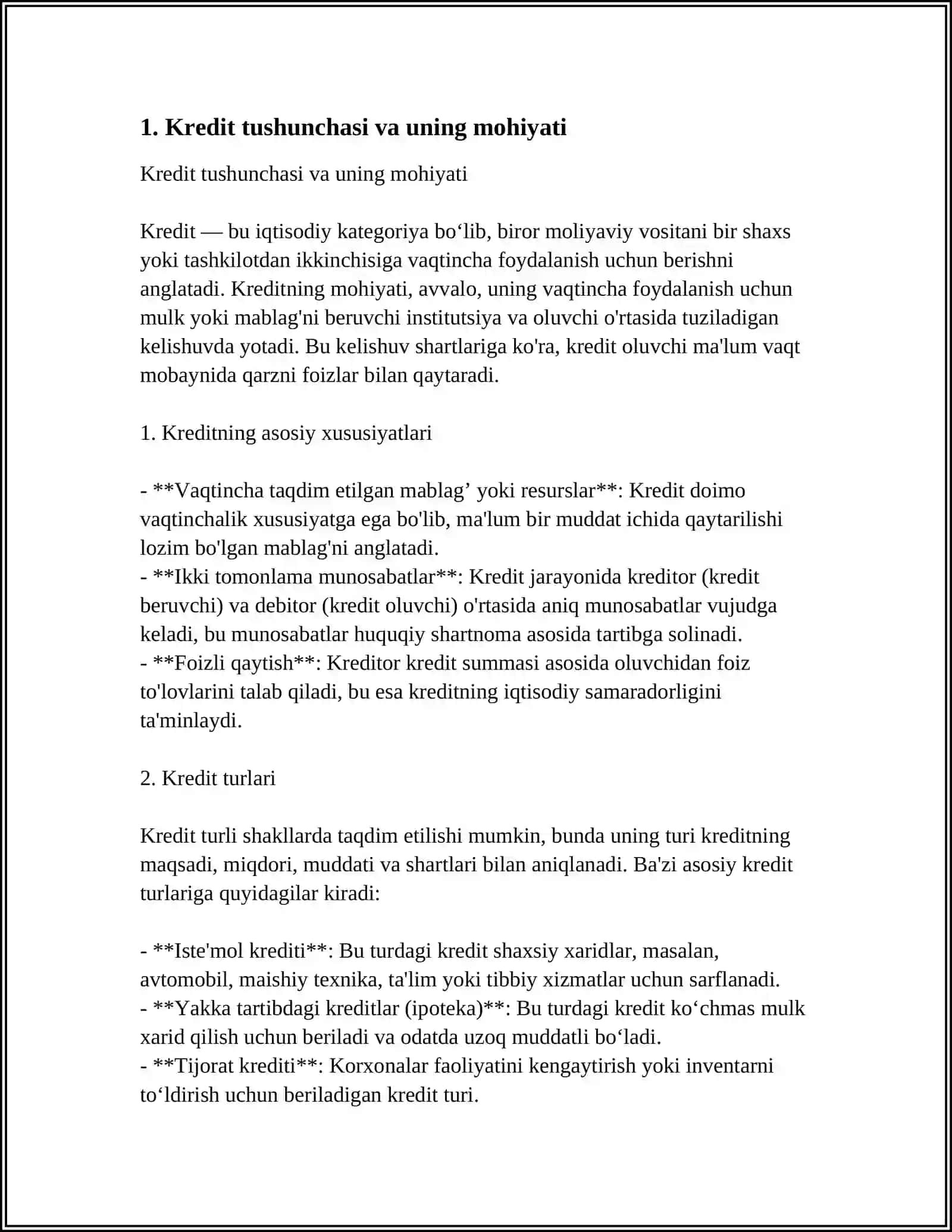 Mavzu: KREDIT FUNKSIYALARI VA TAMOYILLARI 4