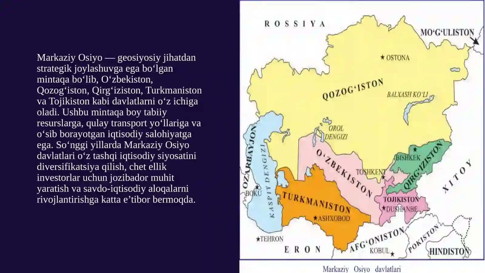 MAVZU MARKAZIY OSIYO DAVLATLARINING XALQARO IQTISODIY ALOQALARI slayd 4