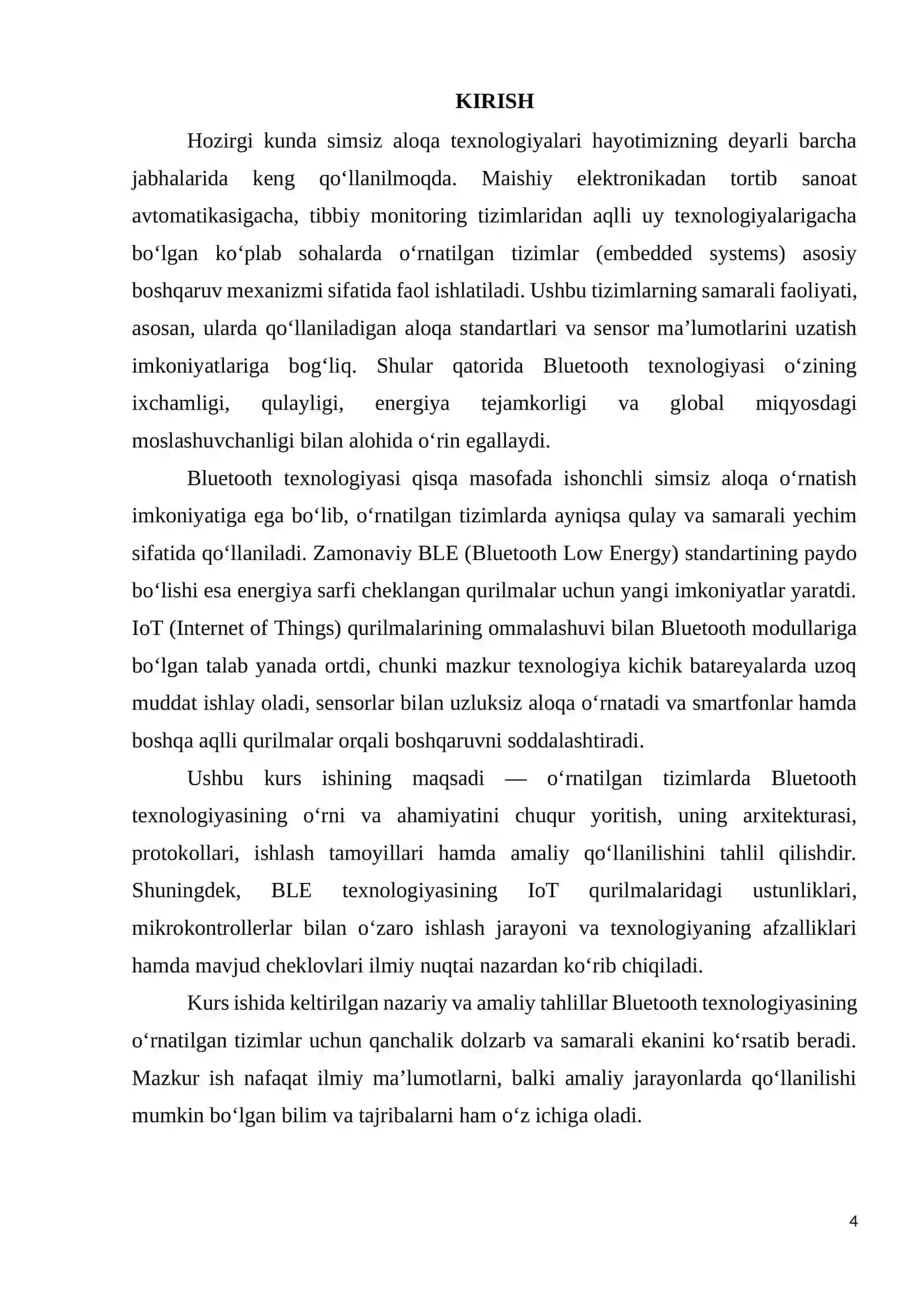 O‘RNATILGAN TIZIMLARDA BLUETOTH TEXNOLOGIYASI KURS ISHI ISHIGA HISOBOT YOZUVI 4