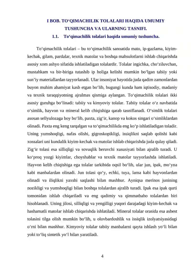 TO'QIMACHILIK TOLALARI HAQIDA UMUMIY TUSHUNCHA. TO'QIMACHILIK TOLALARINING TASNIFI VA ASSORTIMENTI 4