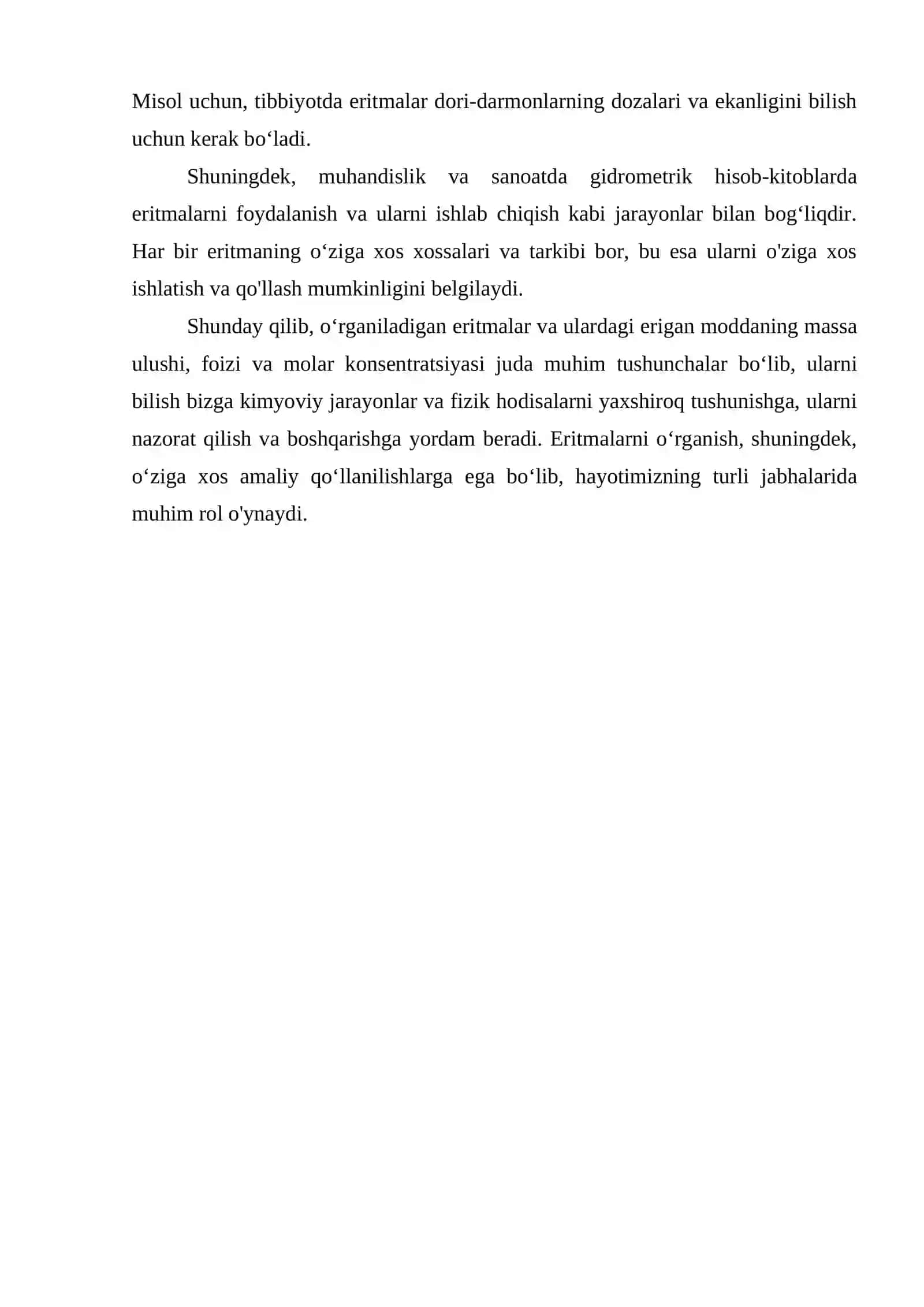 ERITMALAR. ERITMADA ERIGAN MODDANING MASSA ULUSHI, FOIZ, MOLAR KONSENTRATSIYASI. 7 - SINF 4