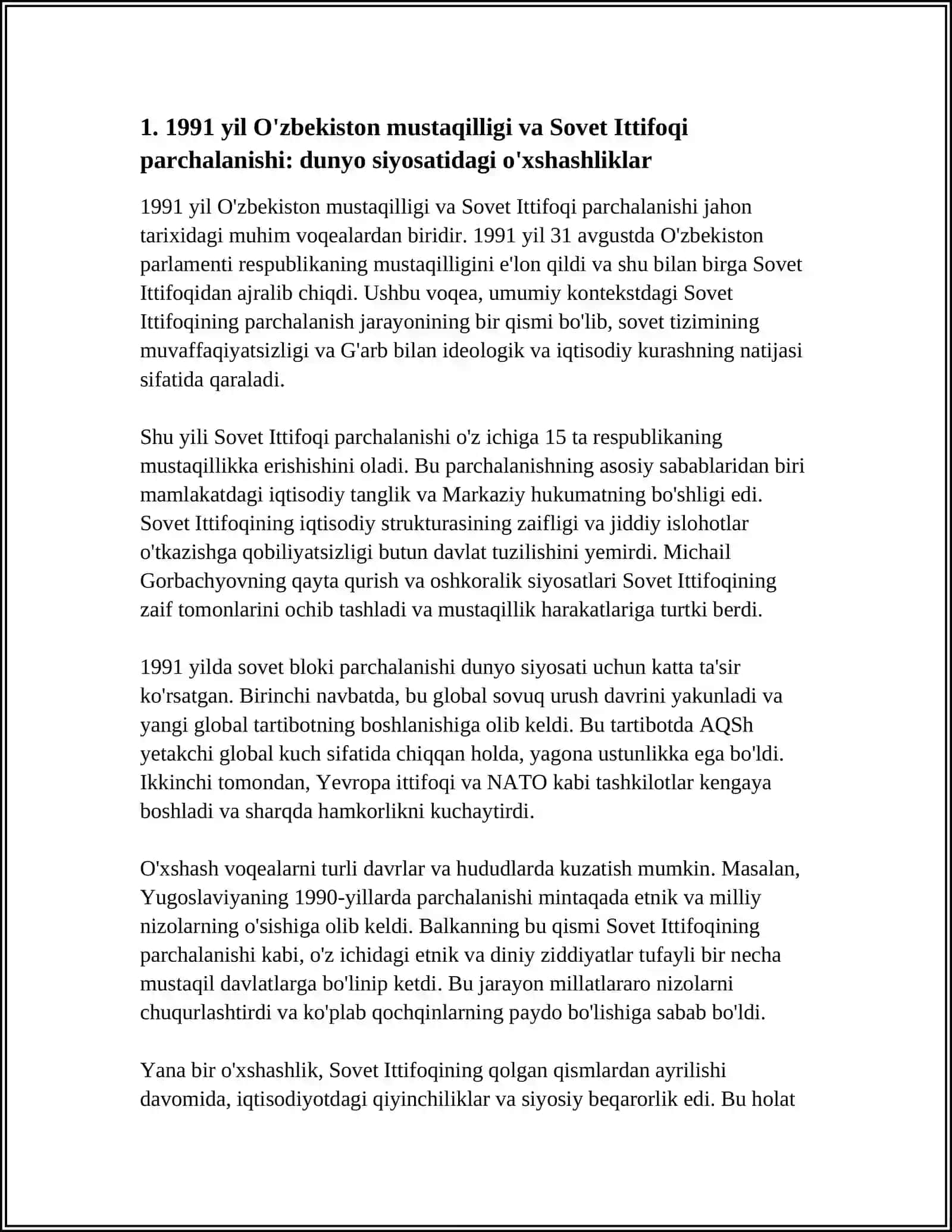 1991-2025 YILGACHA O’BEKISTON TARIXIDAGI VOQEALAR,SHU VAQTLARDA JAHON TARIXIDAGI VOQEALAR VA BU VOQELARNING BIR BIRIGA OXSHASHLIGI 4