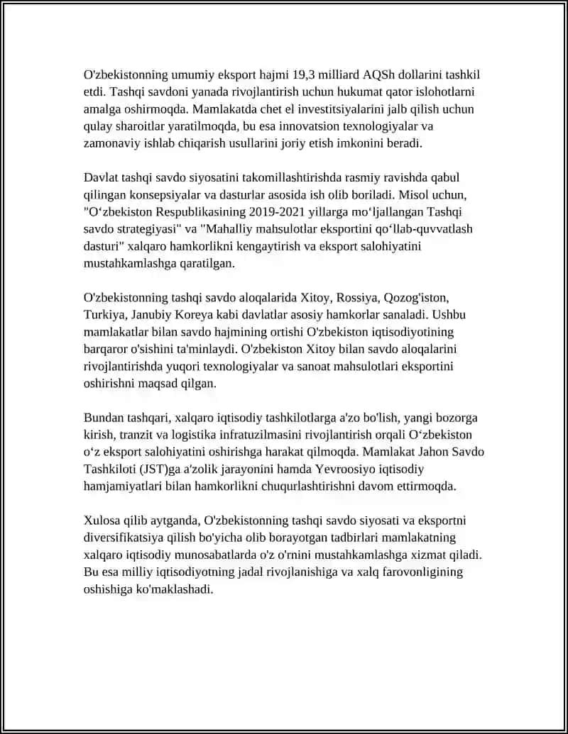 XALQARO IQTISODIY MUNOSABATLARDA O'ZBEKISTONNING O'RNI 4