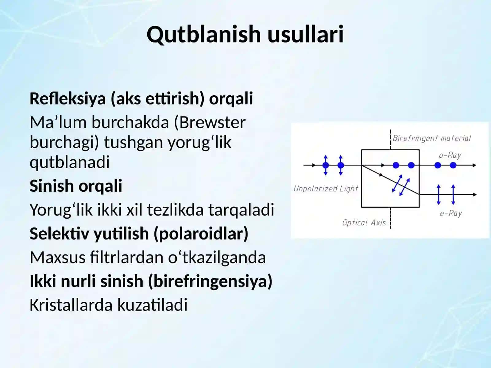 YORUG‘LIKNING QUTBLANISHI VA KRISTALLAR OPTIKASINI O‘RGANISH 4