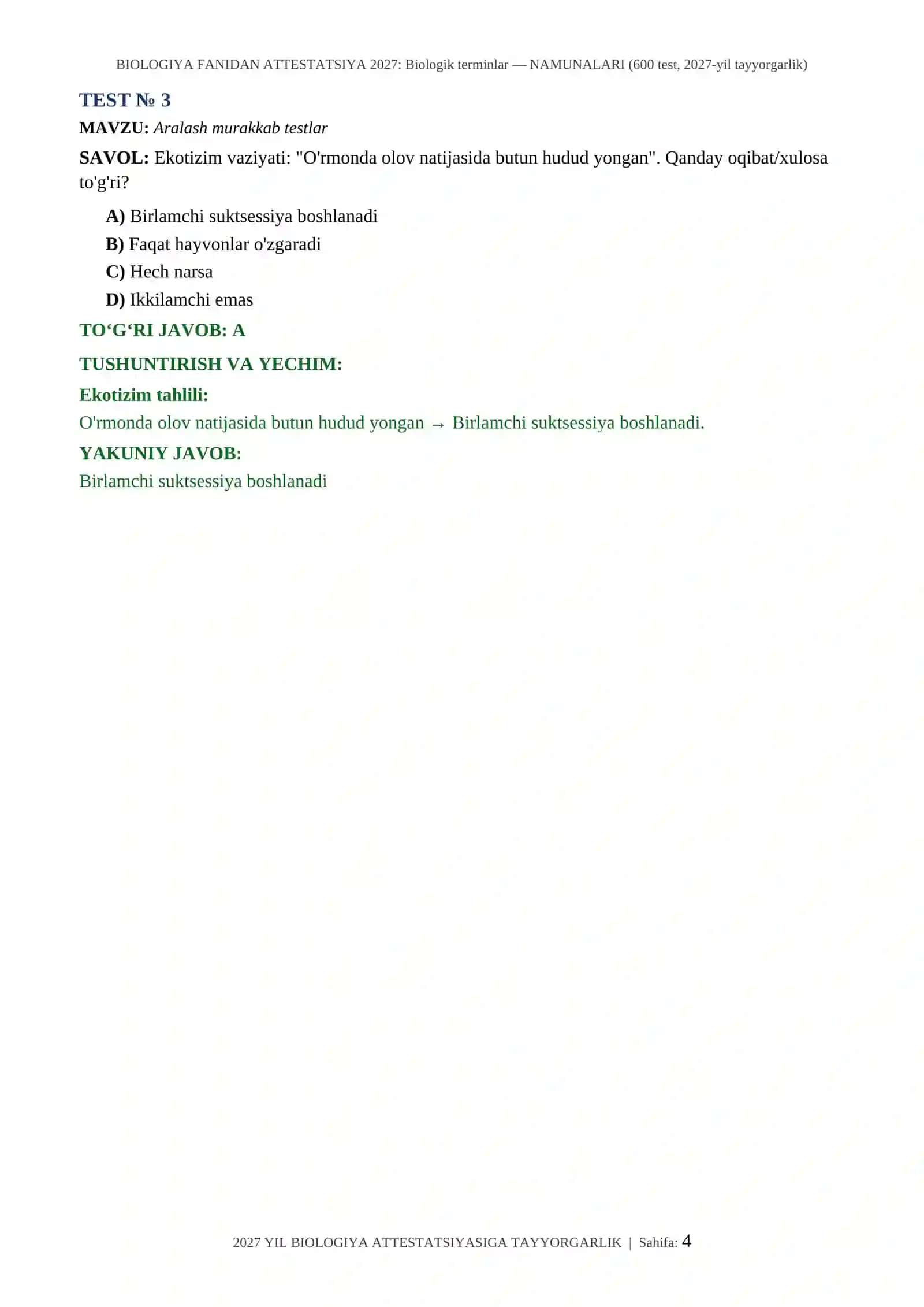 BIOLOGIYA FANIDAN ATTESTATSIYA 2027: Biologik terminlar — NAMUNALARI (600 test, 2027-yil tayyorgarlik) 4