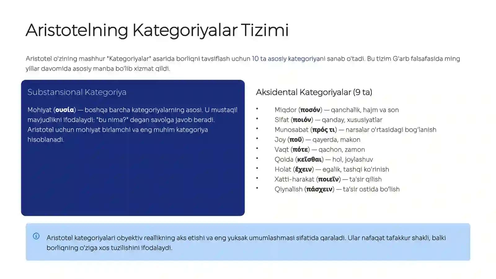 Aristotel, Forobiy va Kant Ontologiyasida Kategoriyalar Tasnifi 4