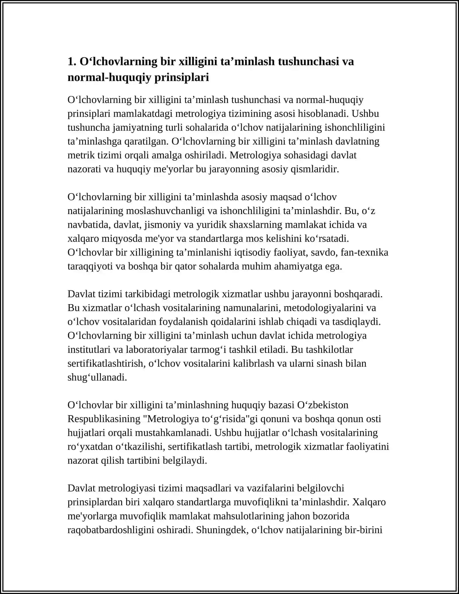 O‘LCHOVLARNING BIR XILLIGINI TA‘MINLASHNING DAVLAT TIZIMNING NORMAL HUQUQIY BAZASINI O'RGANISH 4