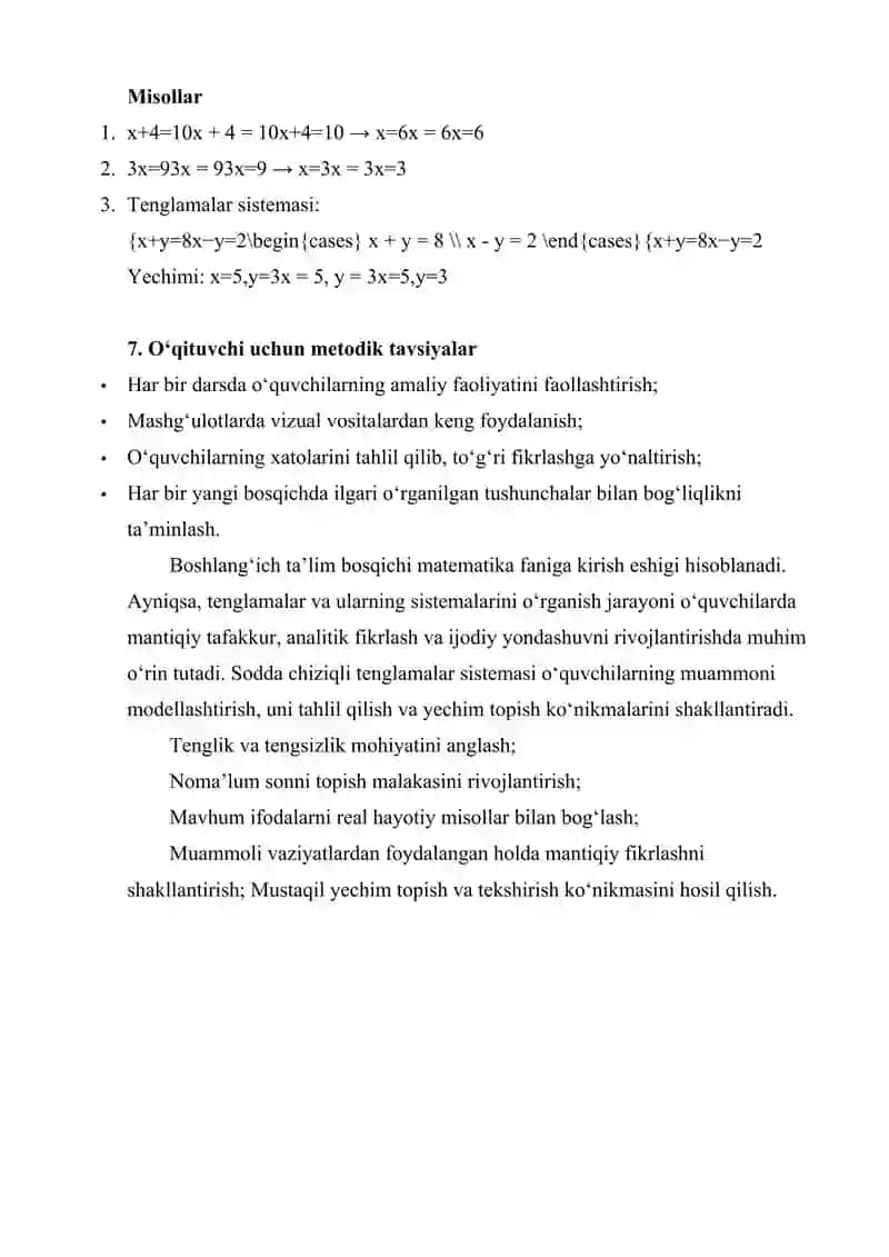 BOSHLANG'ICH SINFLARDA SODDA CHIZIQLI TENGLAMALAR SISTEMASI 4