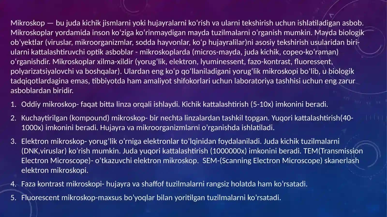 Mikroskopning tuzilishi. Mikroskop bilan ishlashni o'rganish. Vaqtinchalik preparat tayyorlash va unitahlil qilish 4